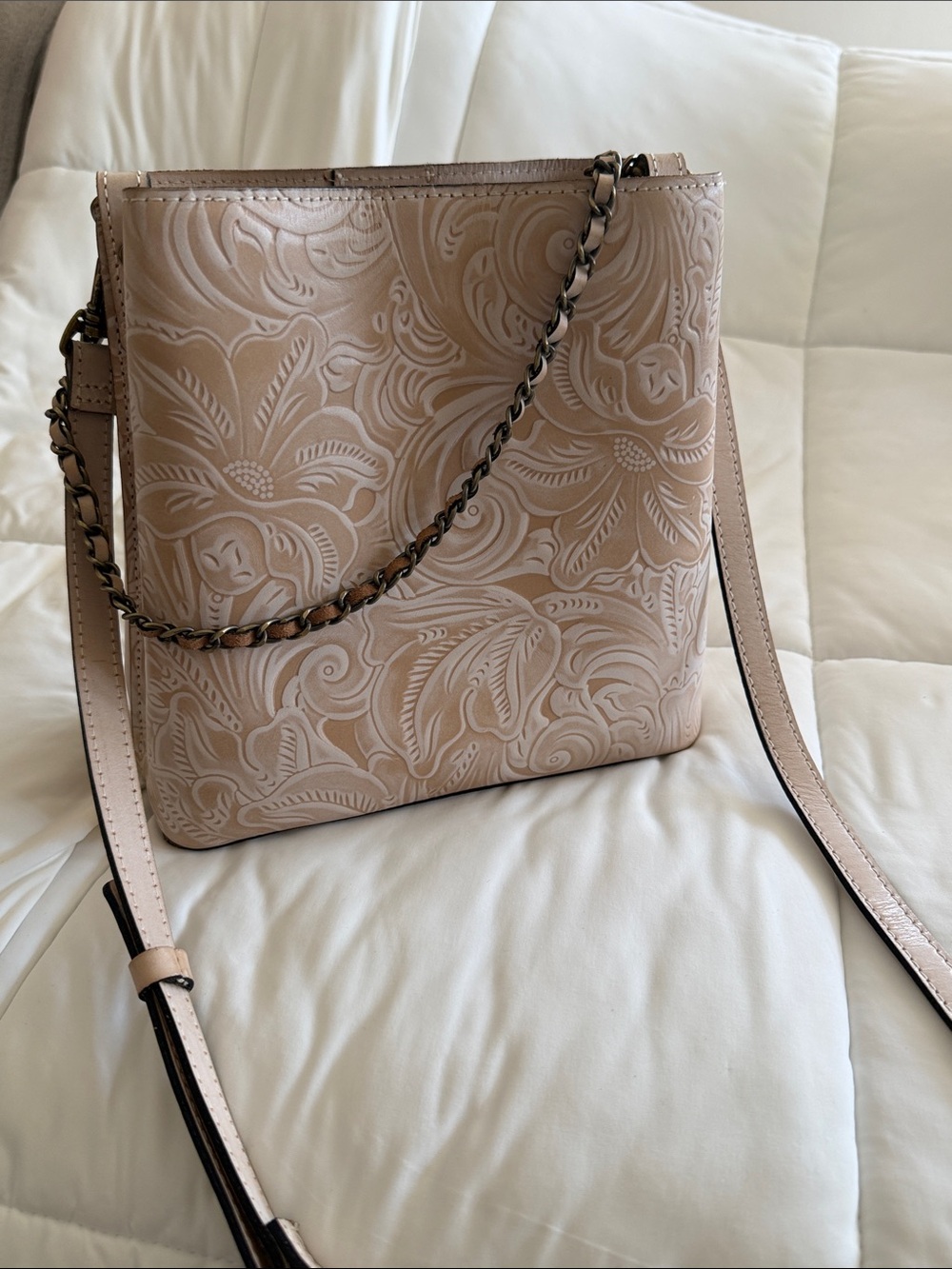 Embossed Floral Crossbody Bag in Nude